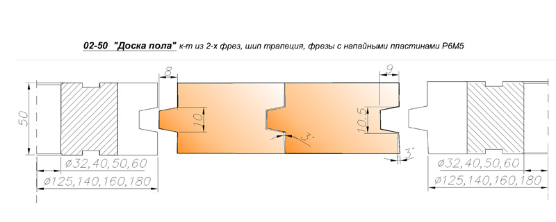 Фрезы по дереву для изготовления доски пола (шип клиновой высотой - 8 мм) с напайными пластинами Р6М5. 02-50. Схема установки фрез.